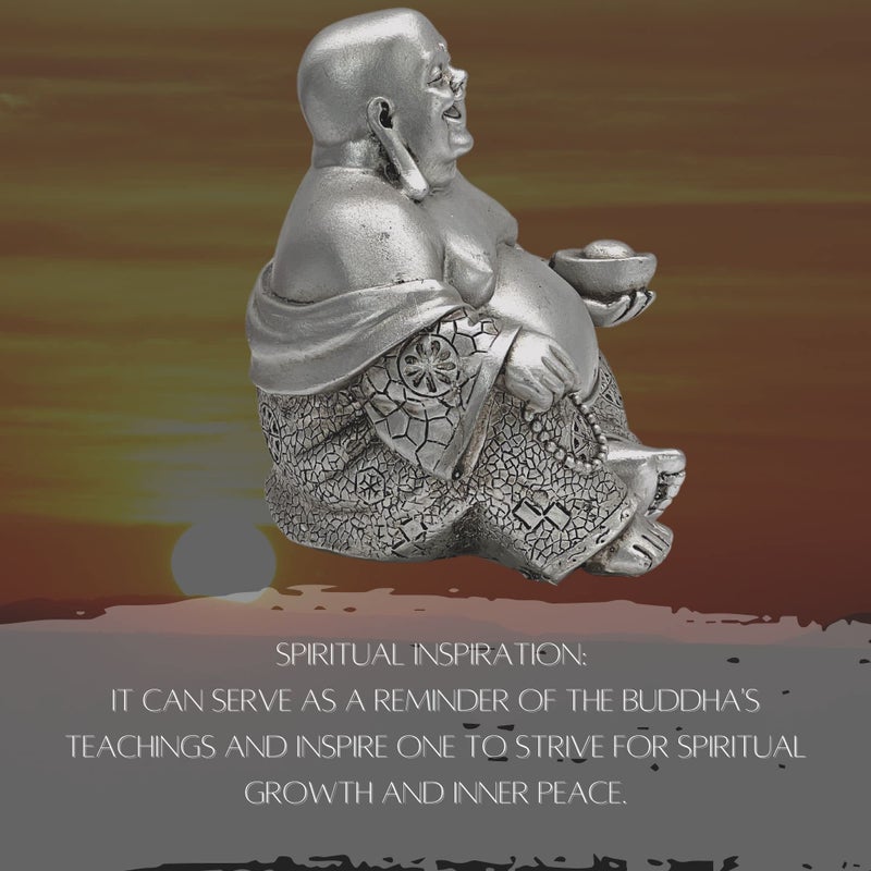 Bellaa 25761 Happy Laughing Buddha Hotei Feng Shui for Money Wealths Zen Chinese Buddhist Monk Budai Luck Happiness Budaishi Silver 6" Inches - Image 4